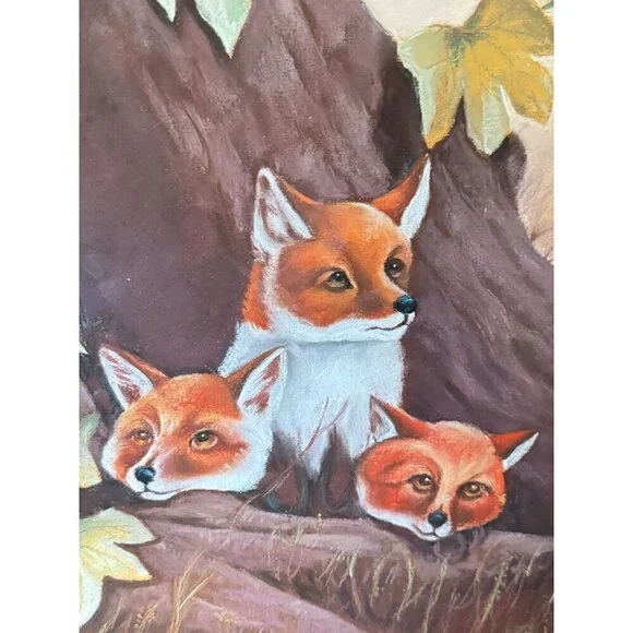 Vintage Unique Framed Fox Family Original Painting Artwork 22"x 25" - Picture 2 of 16